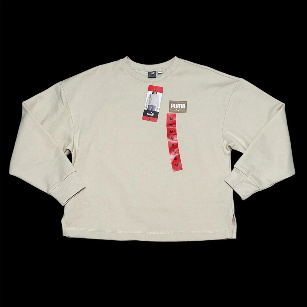 Women's PUMA Medium 8 10 Cream Fleece Sweatshirt Logo Crew Pullover Long Sleeve - Picture 4 of 12